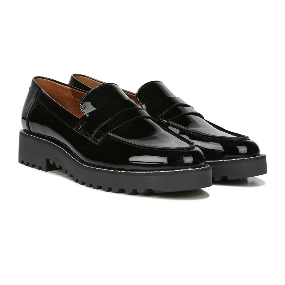 Franco Sarto Womens Black Patent Leather Platform Loafers Shoes Size 9.5